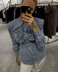 Elegant Floral Applique Plaid Print Long Sleeve Blouse Shirts Tops Casual Single Breasted Tie Front Tops Clothes Aiertu
