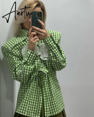 Elegant Floral Applique Plaid Print Long Sleeve Blouse Shirts Tops Casual Single Breasted Tie Front Tops Clothes Aiertu