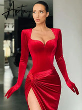 Elegant Gown Long Dress Evening Club Outfits for Women Gloves Sleeve Velvet Sexy Slit Maxi Dresses Ruched Dresses Aiertu