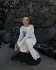 Elegant Hollow Out Knit Maxi Dress for Women Summer Beachwear Holiday Long Sleeve Cover-Ups Long Dresses Aiertu