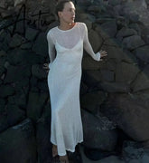 Elegant Hollow Out Knit Maxi Dress for Women Summer Beachwear Holiday Long Sleeve Cover-Ups Long Dresses Aiertu
