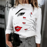 Elegant Lips Eyes Print Blouse Shirts Women O Neck Long Sleeve Office Tops Autumn Casual Streetwear Shirt Pullover Feminine Aiertu