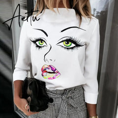 Elegant Lips Eyes Print Blouse Shirts Women O Neck Long Sleeve Office Tops Autumn Casual Streetwear Shirt Pullover Feminine Aiertu