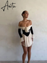 Elegant Off Shoulder Patchwork Women Mini Dress Fashion Flare Long Sleeve Pleated Bodycon Dress Lady Lace Up Party A-line Dress Aiertu
