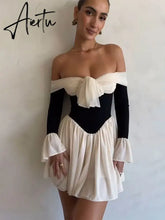 Elegant Off Shoulder Patchwork Women Mini Dress Fashion Flare Long Sleeve Pleated Bodycon Dress Lady Lace Up Party A-line Dress Aiertu