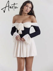Elegant Off Shoulder Patchwork Women Mini Dress Fashion Flare Long Sleeve Pleated Bodycon Dress Lady Lace Up Party A-line Dress Aiertu