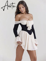 Elegant Off Shoulder Patchwork Women Mini Dress Fashion Flare Long Sleeve Pleated Bodycon Dress Lady Lace Up Party A-line Dress Aiertu