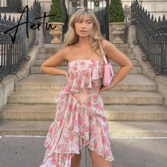 Elegant Party Dresses Y2k Sexy Halter Sleeveless Robe Floral Print Ruffle Vintage Midi Dress New Arrival Vestidos Aiertu