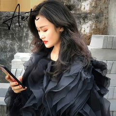 Elegant Patchwork Ruffle Chiffon Blouses Women O Neck Lantern Long Sleeve Loose Shirt Female Clothes Fashion Summer Aiertu