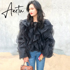 Elegant Patchwork Ruffle Chiffon Blouses Women O Neck Lantern Long Sleeve Loose Shirt Female Clothes Fashion Summer Aiertu