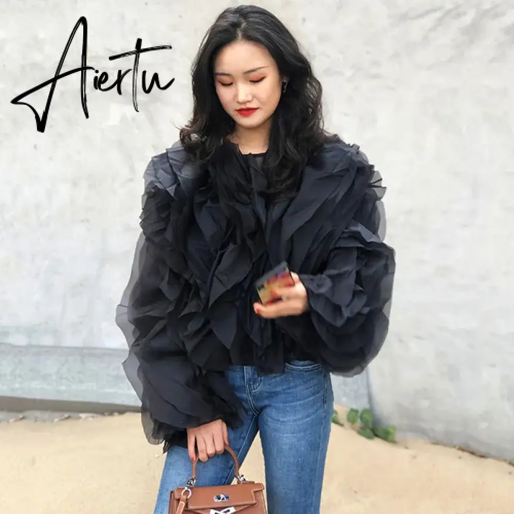 Elegant Patchwork Ruffle Chiffon Blouses Women O Neck Lantern Long Sleeve Loose Shirt Female Clothes Fashion Summer Aiertu