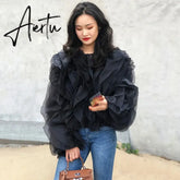 Elegant Patchwork Ruffle Chiffon Blouses Women O Neck Lantern Long Sleeve Loose Shirt Female Clothes Fashion Summer Aiertu