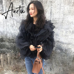 Elegant Patchwork Ruffle Chiffon Blouses Women O Neck Lantern Long Sleeve Loose Shirt Female Clothes Fashion Summer Aiertu