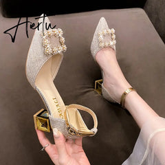 Elegant Pearl Buckle Wedding Shoes Women New Pointed Toe Thick Heels Pumps Woman Shining Crystal High Heels Shoes Aiertu