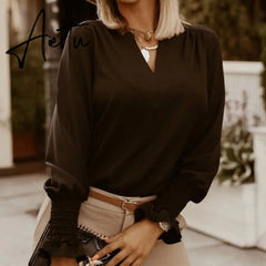 Elegant Print Ruffle Buttons Shirt Blouse Women O Neck Pullover Tops Blusa Spring Autumn Long Sleeve Polka Dot Blouse Streetwear Aiertu