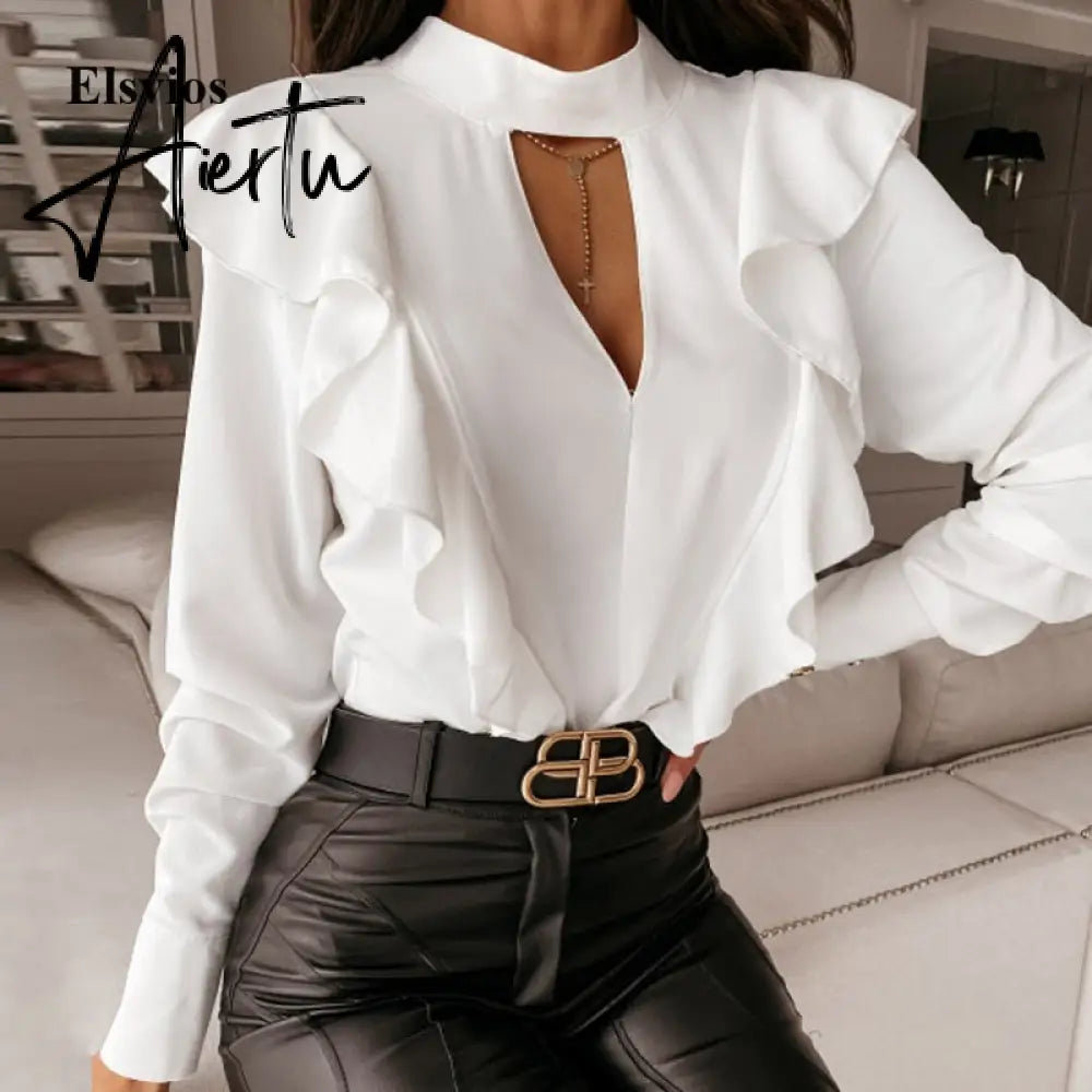Elegant Print Ruffle Buttons Shirt Blouse Women O Neck Pullover Tops Blusa Spring Autumn Long Sleeve Polka Dot Blouse Streetwear Aiertu