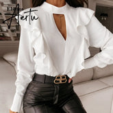 Elegant Print Ruffle Buttons Shirt Blouse Women O Neck Pullover Tops Blusa Spring Autumn Long Sleeve Polka Dot Blouse Streetwear Aiertu
