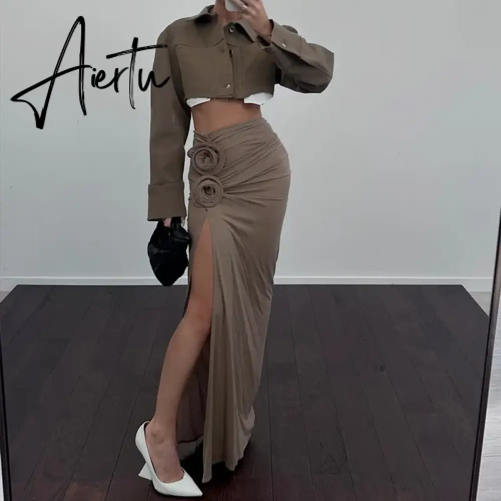 Elegant Ruched Split Maxi Skirts for Women Floral Applique Trim Fashion Outfits Vacation Beachwear Skirt Bottom Aiertu