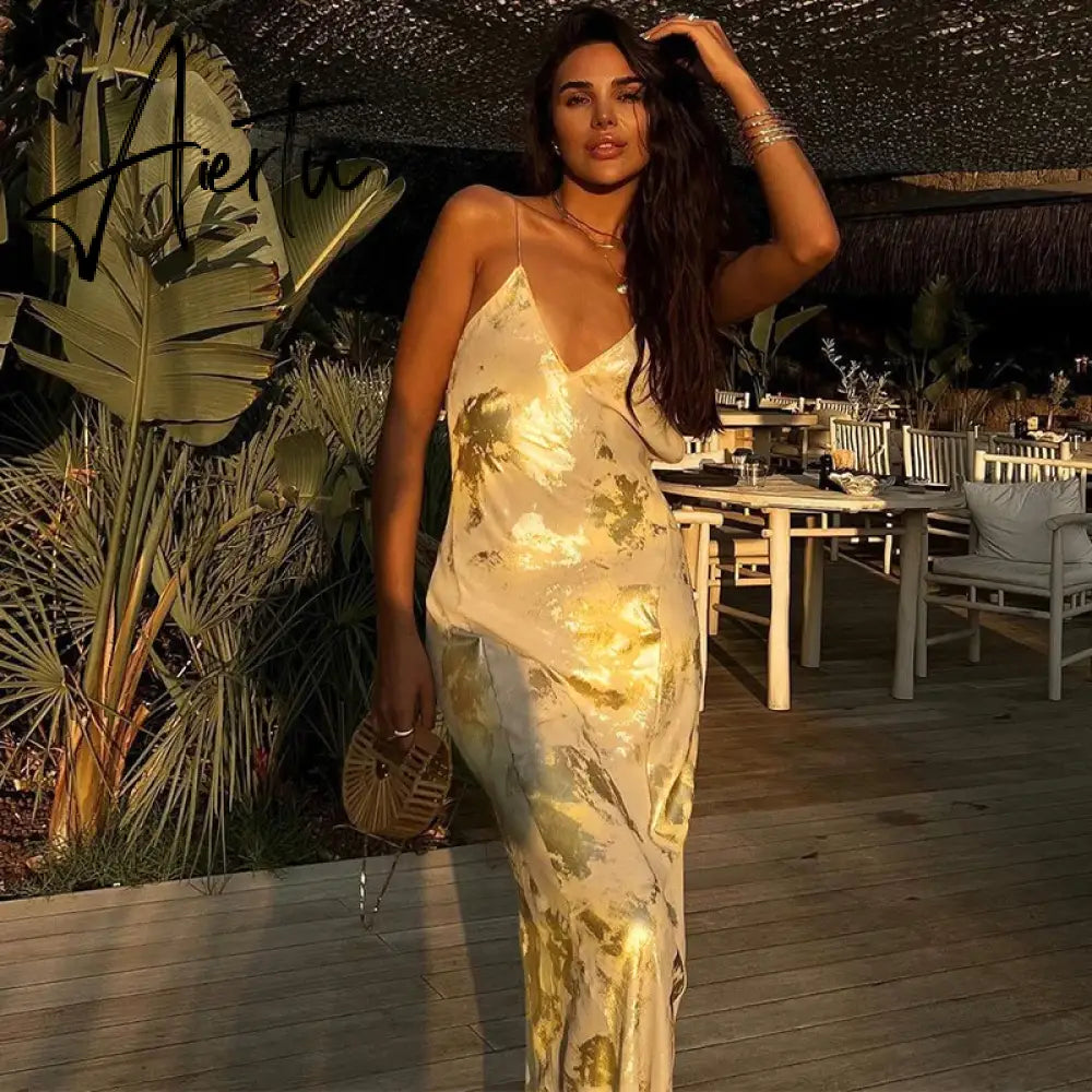 Elegant Shiny Sparkling Sexy Backless Slip Maxi Dress Party Club Outfits for Women V Neck Gown Sundress Vestido Aiertu