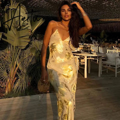 Elegant Shiny Sparkling Sexy Backless Slip Maxi Dress Party Club Outfits for Women V Neck Gown Sundress Vestido Aiertu