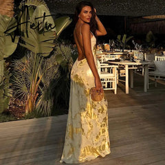 Elegant Shiny Sparkling Sexy Backless Slip Maxi Dress Party Club Outfits for Women V Neck Gown Sundress Vestido Aiertu