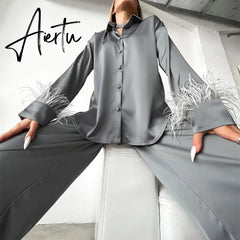 Elegant Sleepwear Pajama Pants Suit Woman Fashion Long Sleeve Feather Blouses Loose Long Pants 2 Piece Sets Womens Outfits Aiertu