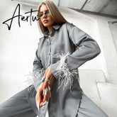 Elegant Sleepwear Pajama Pants Suit Woman Fashion Long Sleeve Feather Blouses Loose Long Pants 2 Piece Sets Womens Outfits Aiertu