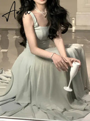 Elegant Sleeveless Female A-line Dress Summer Ladies Vestidos Spaghetti Strap Slim Waist Mesh Patchwork Women Dress Aiertu