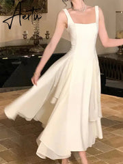 Elegant Sleeveless Female A-line Dress Summer Ladies Vestidos Spaghetti Strap Slim Waist Mesh Patchwork Women Dress Aiertu