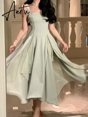 Elegant Sleeveless Female A-line Dress Summer Ladies Vestidos Spaghetti Strap Slim Waist Mesh Patchwork Women Dress Aiertu