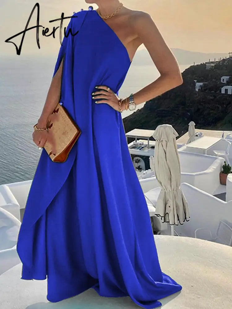 Elegant Sleeveless Loose Irregular Chic Dress Women Slanted Shoulder Dress New Solid Loose Off Shoulder Sundress Cover UP Aiertu