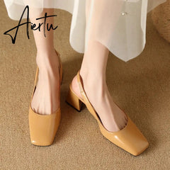 Elegant Slingback Sandals Women Summer Shoes Pink Black Nude Medium Heels Pumps Close Toe Office Party Shoe Female Large Size 45 Aiertu