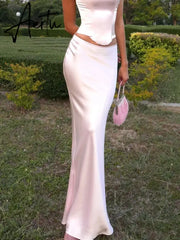 Elegant Solid Satin Women'S Skirt Fashion Slim High Waist Maxi Skirts Elegant Simple Slik Casual Female Clothing Aiertu