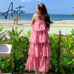 Elegant Spaghetti Strap Dress Women Summer Flounced Edge High Waist Beach Holiday Dresses Woman Party Boho Robe Femme Aiertu