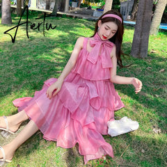 Elegant Spaghetti Strap Dress Women Summer Flounced Edge High Waist Beach Holiday Dresses Woman Party Boho Robe Femme Aiertu