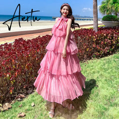 Elegant Spaghetti Strap Dress Women Summer Flounced Edge High Waist Beach Holiday Dresses Woman Party Boho Robe Femme Aiertu
