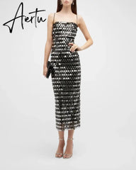 Elegant Sparkling Slim Sequin Dress Women High Quality Backless Spaghetti Strap Party Dresses New Chic Lady Long Aiertu