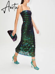 Elegant Sparkling Slim Sequin Dress Women High Quality Backless Spaghetti Strap Party Dresses New Chic Lady Long Aiertu