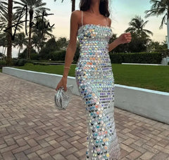 Elegant Sparkling Slim Sequin Dress Women High Quality Backless Spaghetti Strap Party Dresses New Chic Lady Long Aiertu