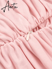 Elegant Spliced Floral Dresses For Women Slash Neck Flare Sleeve Tunic Patchwork Folds Mini Dress Female Clothing Aiertu