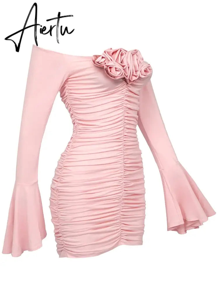 Elegant Spliced Floral Dresses For Women Slash Neck Flare Sleeve Tunic Patchwork Folds Mini Dress Female Clothing Aiertu