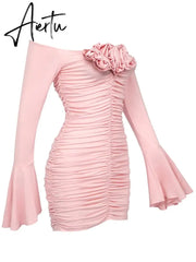 Elegant Spliced Floral Dresses For Women Slash Neck Flare Sleeve Tunic Patchwork Folds Mini Dress Female Clothing Aiertu
