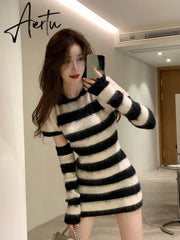 Elegant Striped Knitted Dress Women Design Long Sleeve Y2k Mini Sweater Dress Party One Piece Dress Korean Fashion Autumn Aiertu