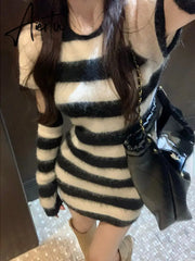 Elegant Striped Knitted Dress Women Design Long Sleeve Y2k Mini Sweater Dress Party One Piece Dress Korean Fashion Autumn Aiertu