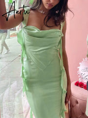 Elegant Summer Ruffles Ribbon Slip Backless Maxi Sexy Dress For Women Chic Ruched Slim Evening Dress Party Robe Aiertu