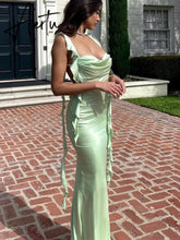 Elegant Summer Ruffles Ribbon Slip Backless Maxi Sexy Dress For Women Chic Ruched Slim Evening Dress Party Robe Aiertu