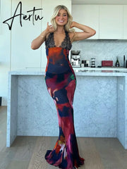 Elegant Tie Dye Floral Chiffon Dress Summer Sexy Women Backless Lace Bodycon See Through Beach Party Vestidos Aiertu