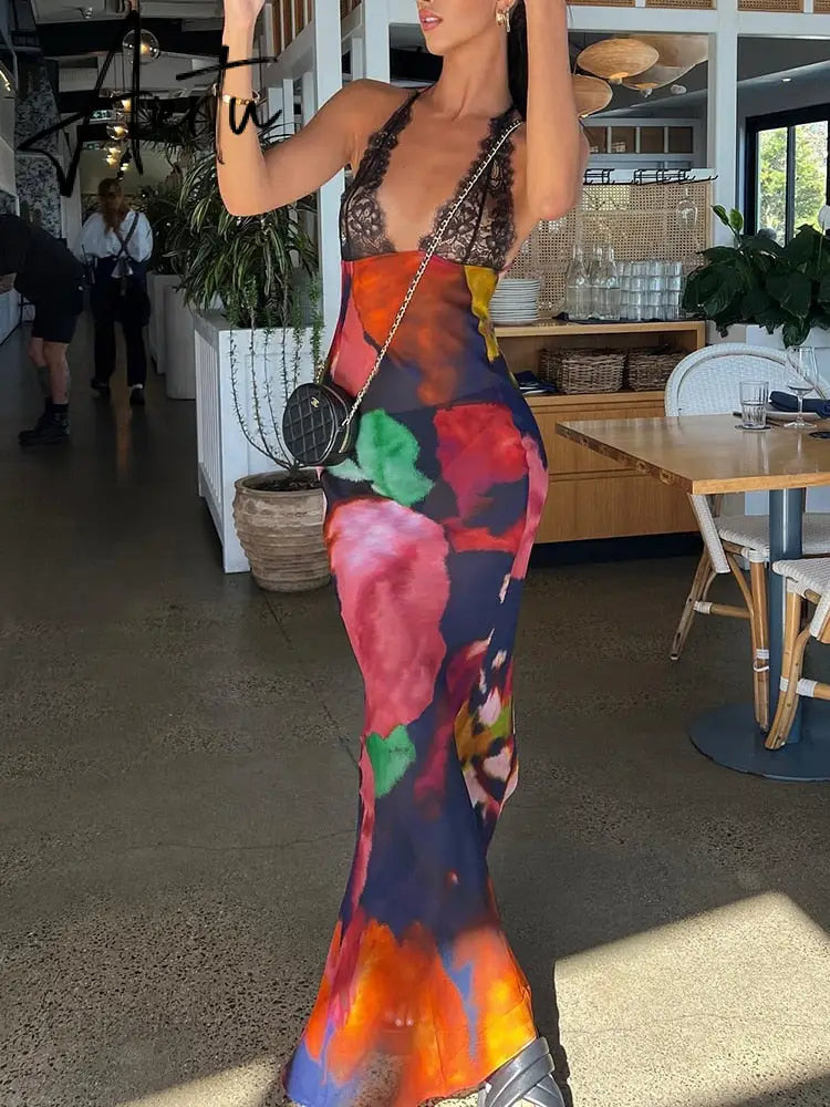 Elegant Tie Dye Floral Chiffon Dress Summer Sexy Women Backless Lace Bodycon See Through Beach Party Vestidos Aiertu