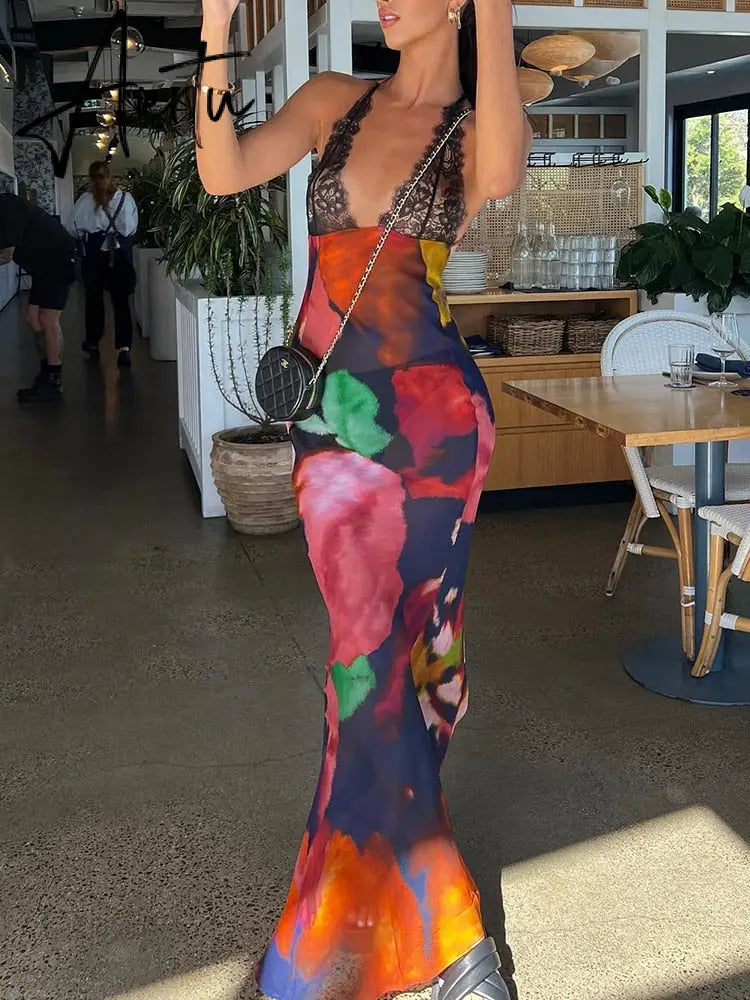 Elegant Tie Dye Floral Chiffon Dress Summer Sexy Women Backless Lace Bodycon See Through Beach Party Vestidos Aiertu