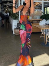 Elegant Tie Dye Floral Chiffon Dress Summer Sexy Women Backless Lace Bodycon See Through Beach Party Vestidos Aiertu
